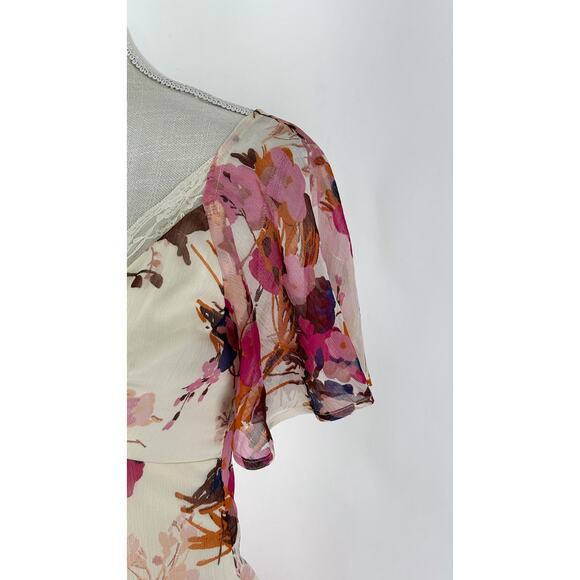 ASOS V Neck Lace Chiffon Floral Midi Tea Dress Womens Size 4 New Cream Pink - Picture 7 of 14
